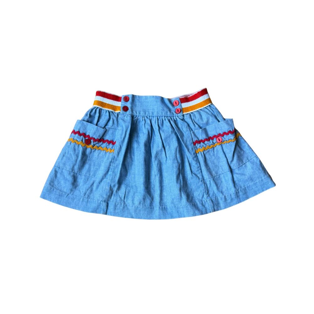 Her Majesty Blue Denim Girls Skirt Size 6 Retro VTG 70s Colorful Waistband